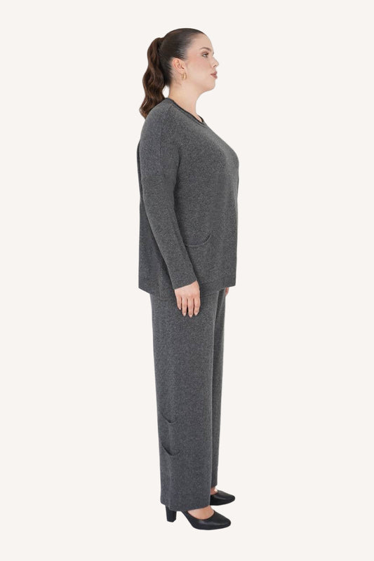 Llama wool knit two-piece set – long sleeve top and trousers in taupe grey