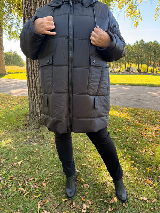 Plus-size model wearing City Chic Silent Warmth Coat – Urban Graphite Black By Zola