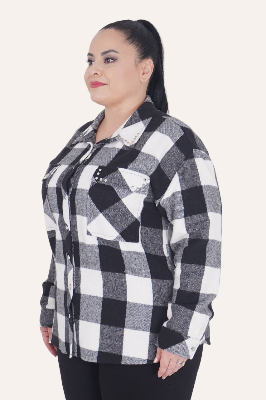 Plus-size model showing sleeve details check shirt