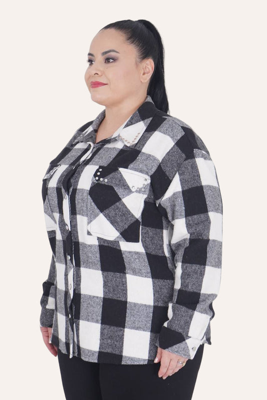 Plus-size model showing sleeve details check shirt