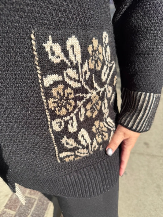 Long black tunic sweater with artistic embroidery detail