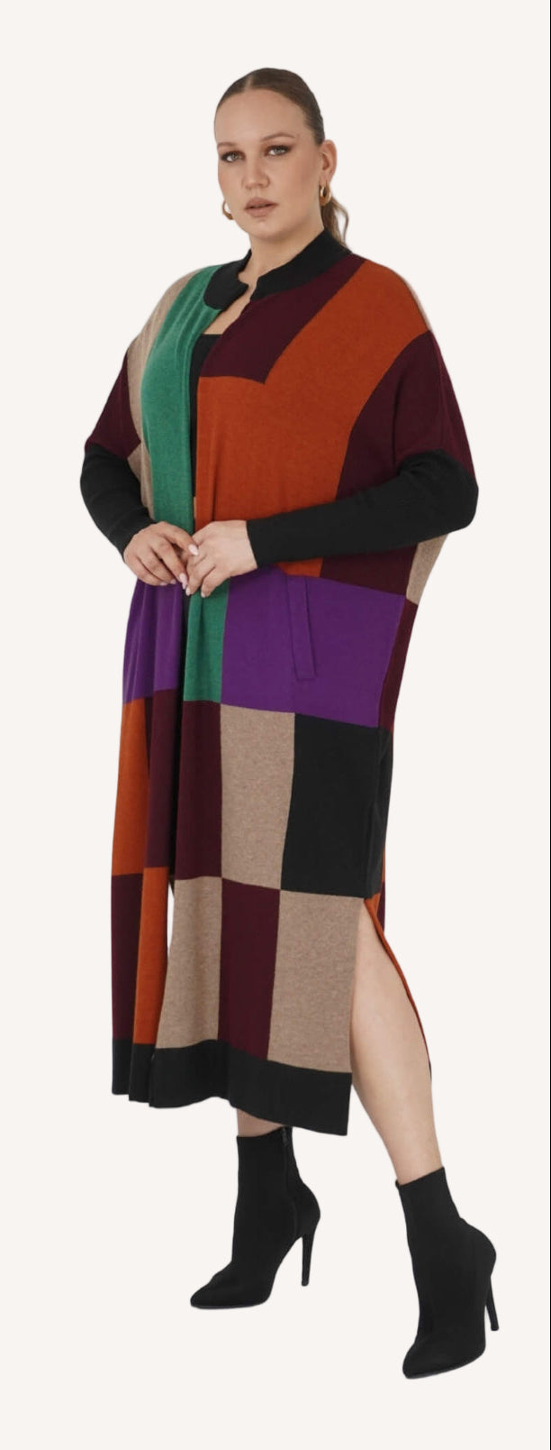 Plus-size model in City Colors Cardigan – burgundy and amber color block lambswool knit By Zola