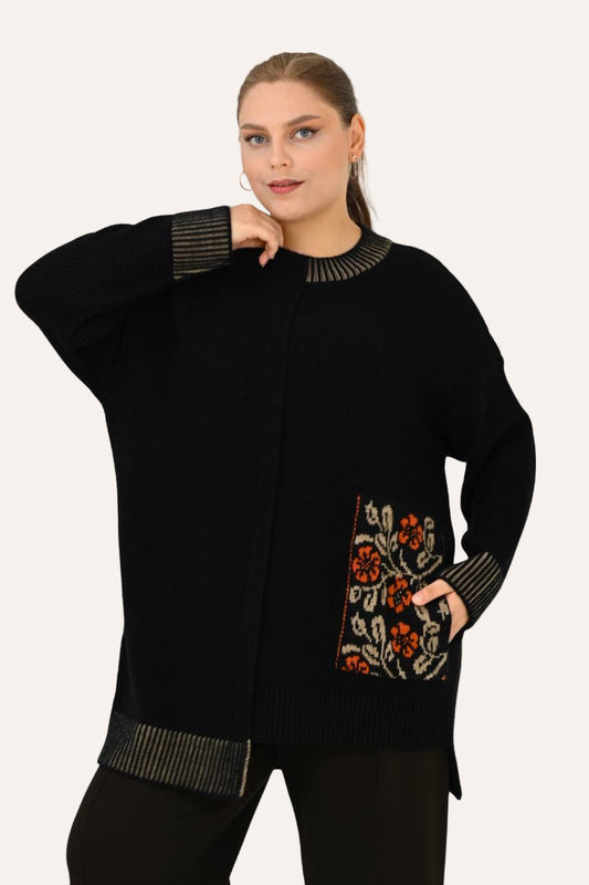 Plus-size model in Maple Elegance Tunic – wool blend knit with embroidery