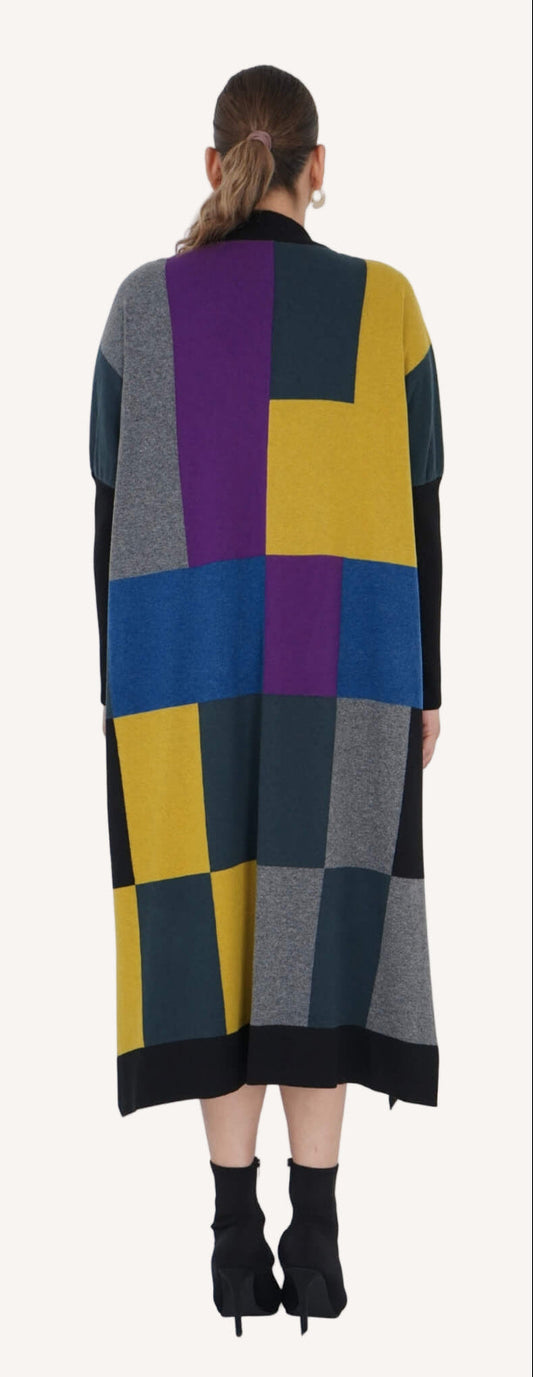 Long open wool blend cardigan with color patch design – By Zola