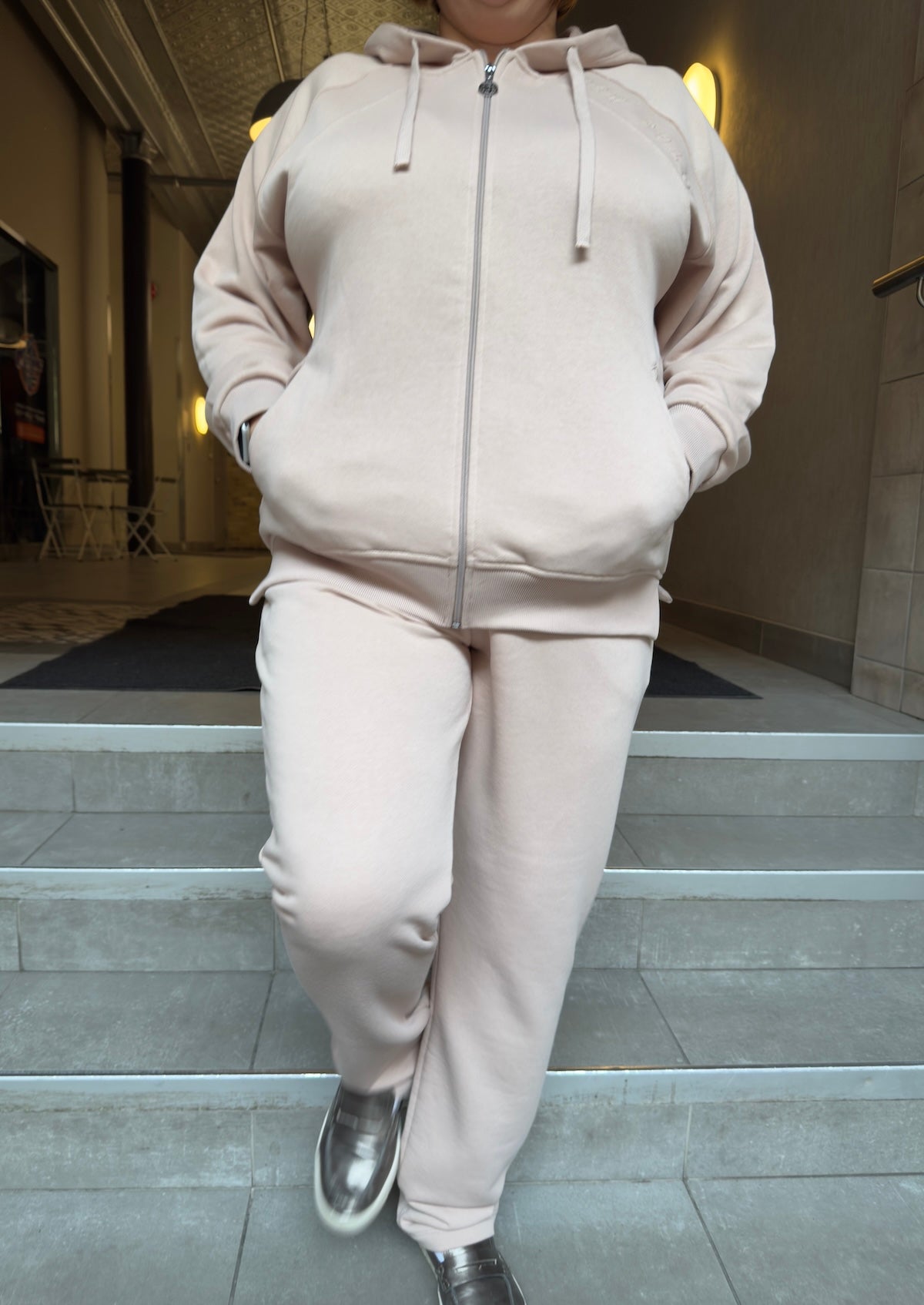 Plus-size casual tracksuit in double knit fabric – minimalist style, Powder Taupe.
