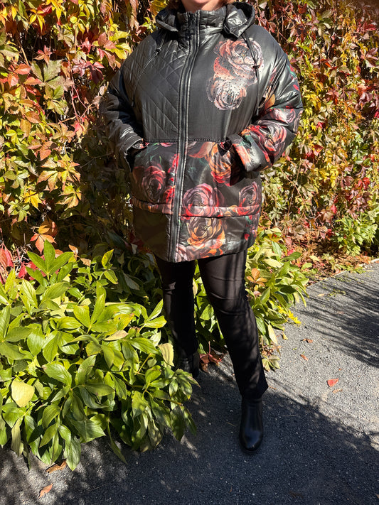 Front view of the Rose Whisper Winter Jacket with rose print details, stylish plus size outerwear for Canadian winter.