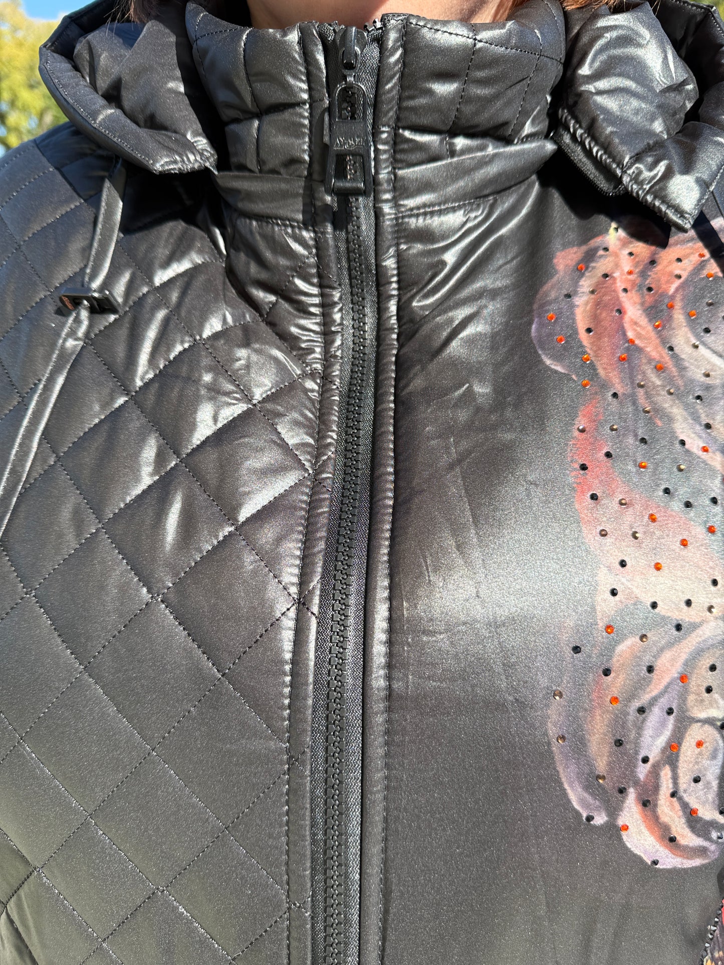 Close-up of the Black Rose print on the Rose Whisper Winter Jacket, elegant plus size fashion by By Zola.