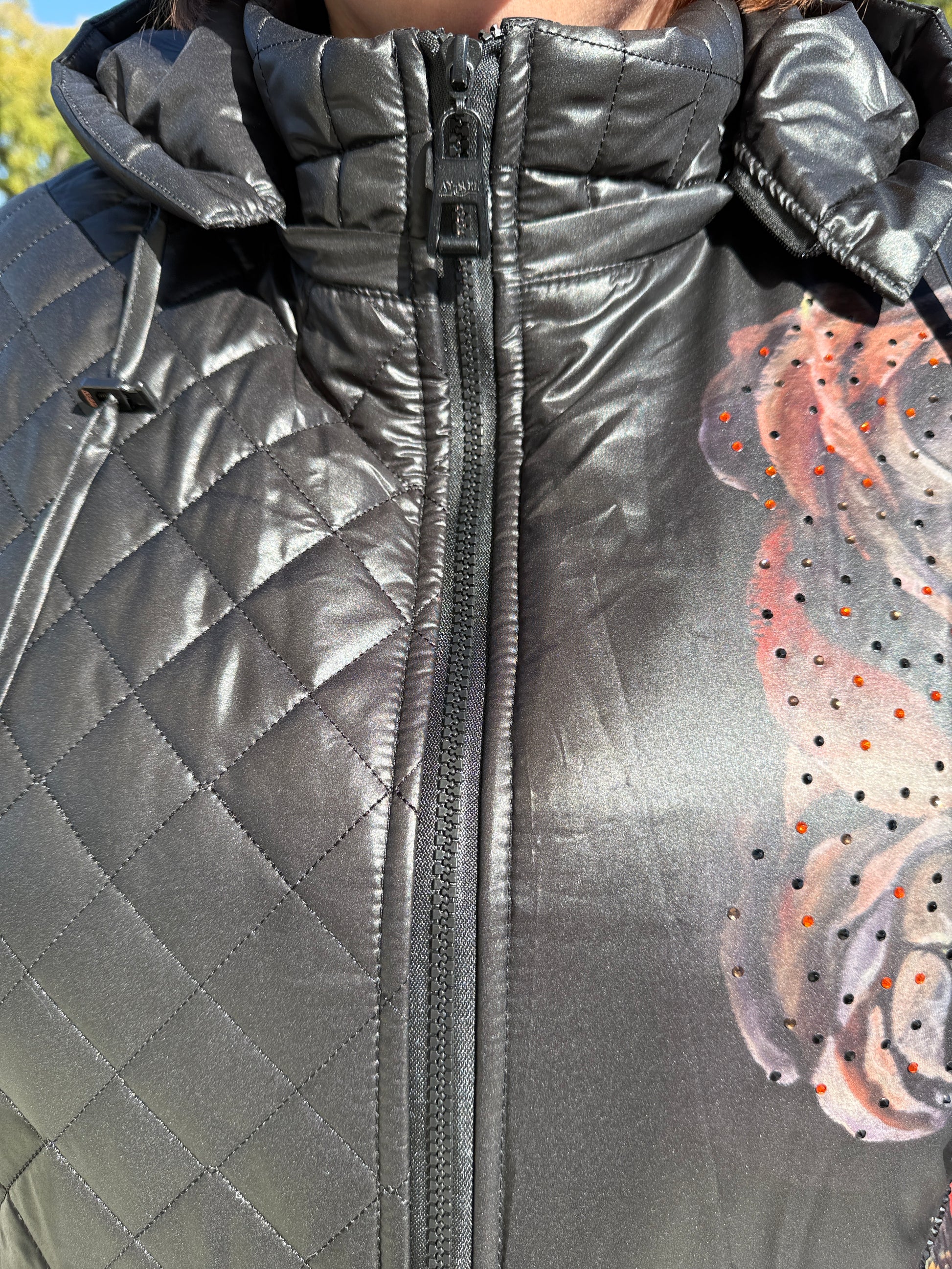 Close-up of the Black Rose print on the Rose Whisper Winter Jacket, elegant plus size fashion by By Zola.