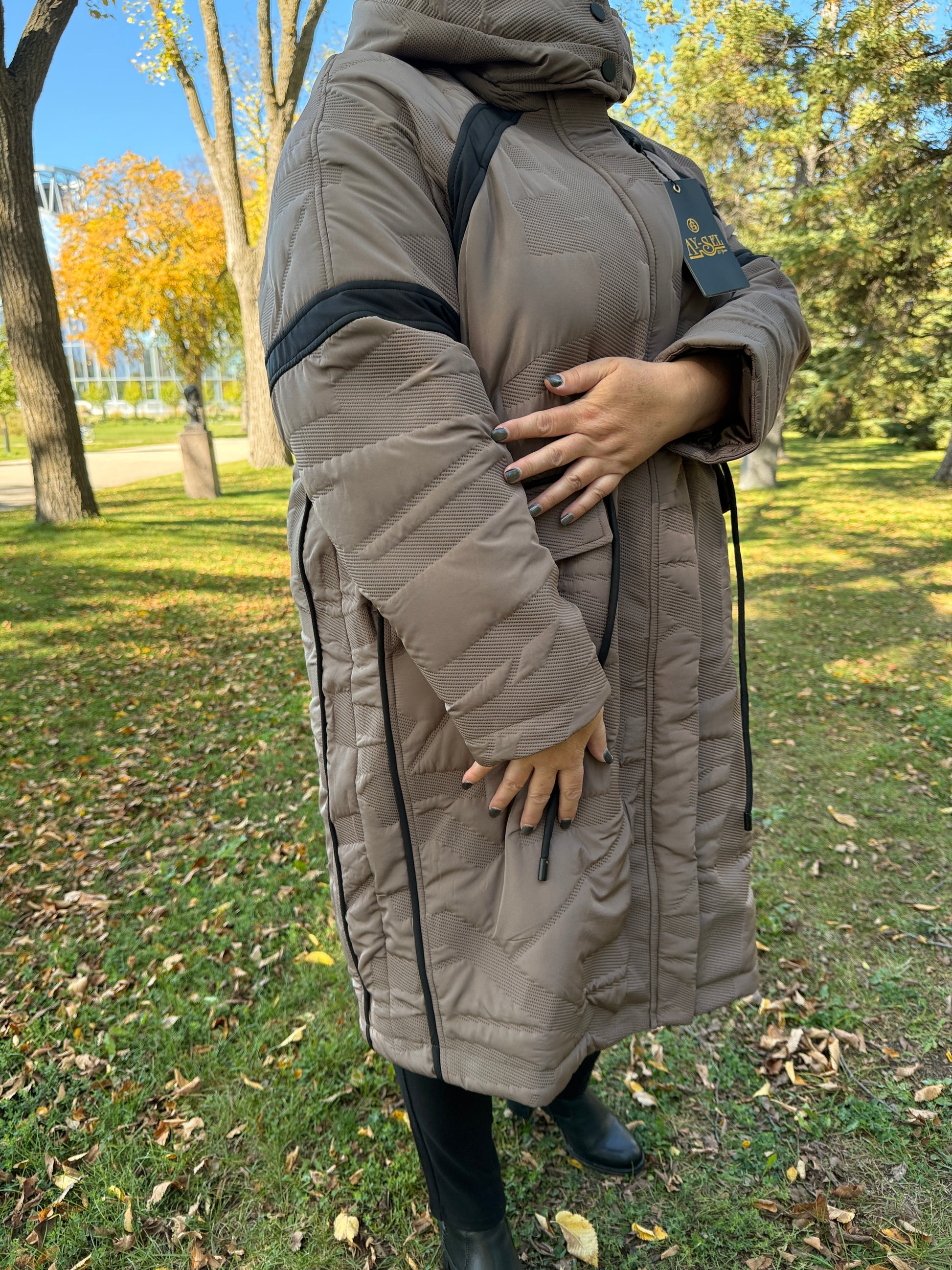 Elegant women’s taupe winter coat for cold Canadian days – By Zola Curve Boutique