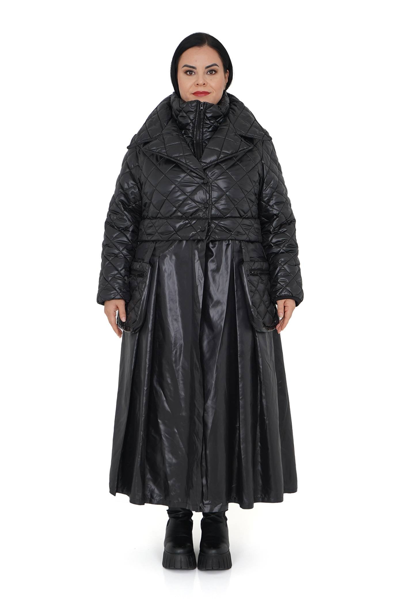 Arctic Shield long quilted 3-in-1 coat on plus-size model, matte black.