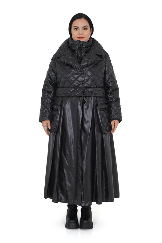 Arctic Shield long quilted 3-in-1 coat on plus-size model, matte black.