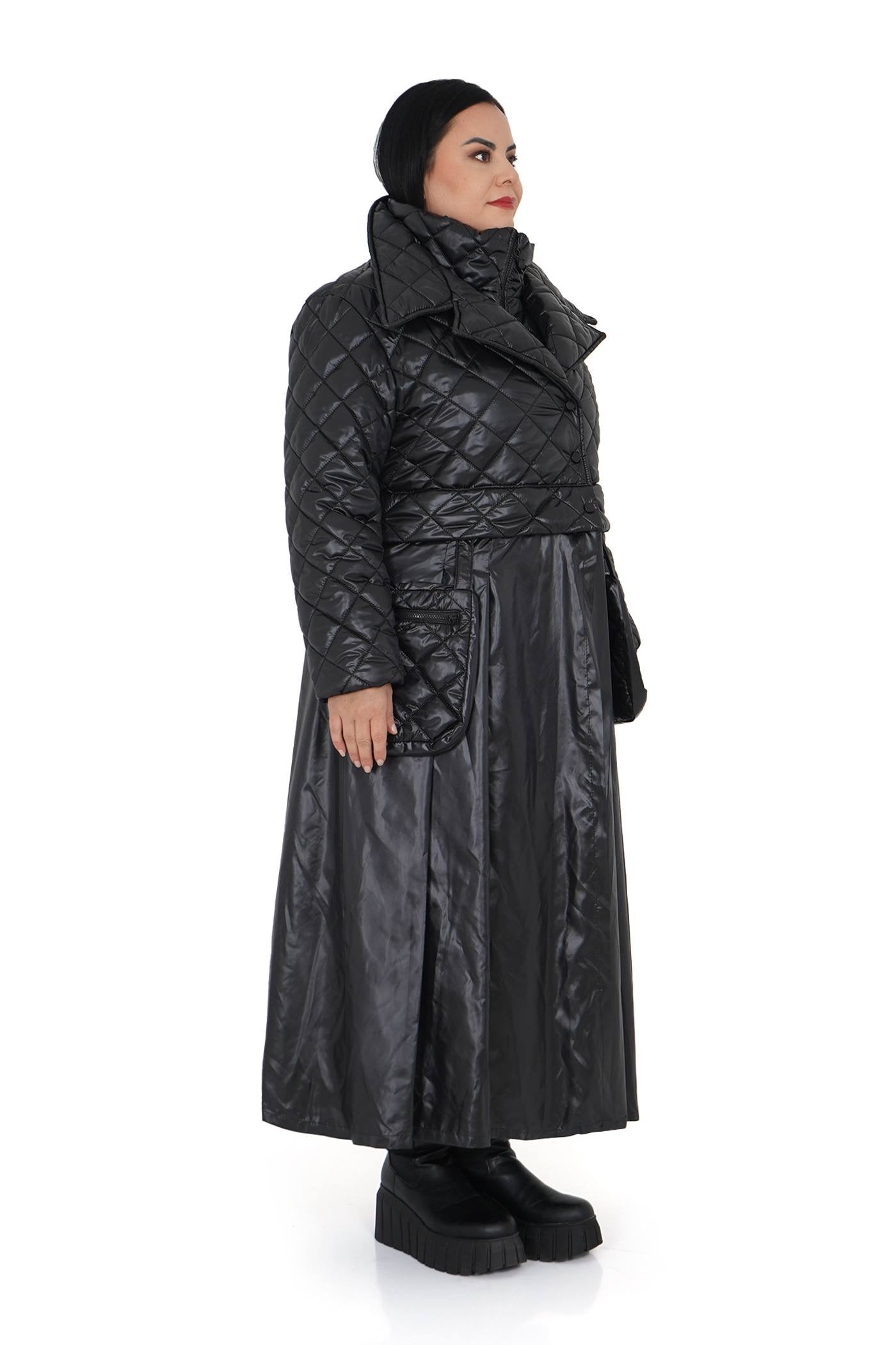 Close-up of high collar and matte quilted quilting.