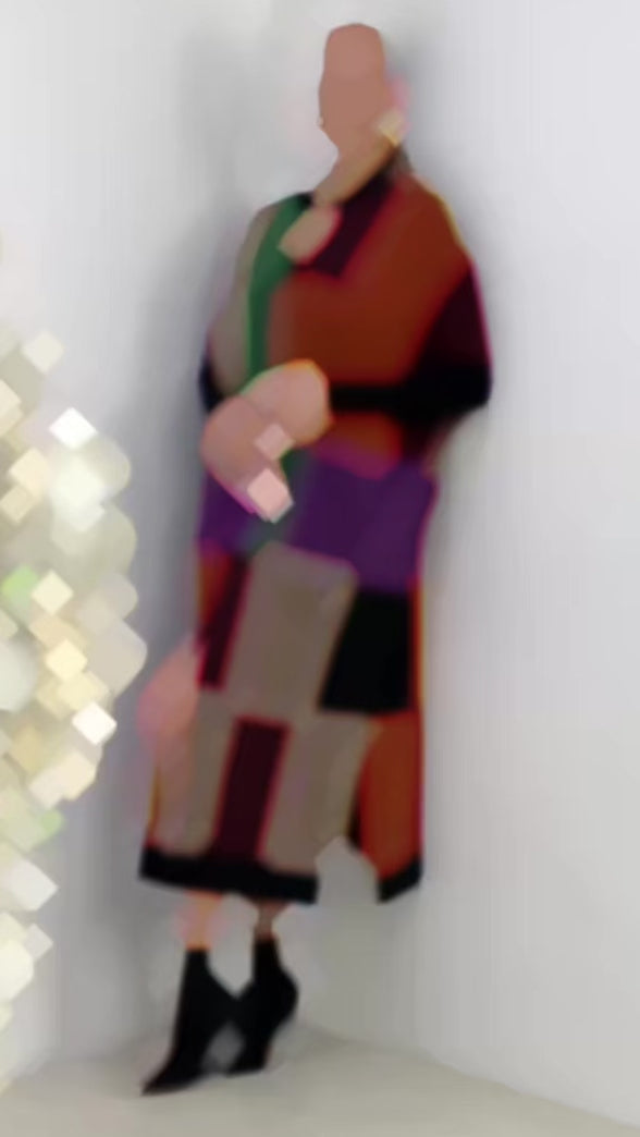 Long open wool blend cardigan in autumn burgundy and amber tones – By Zola