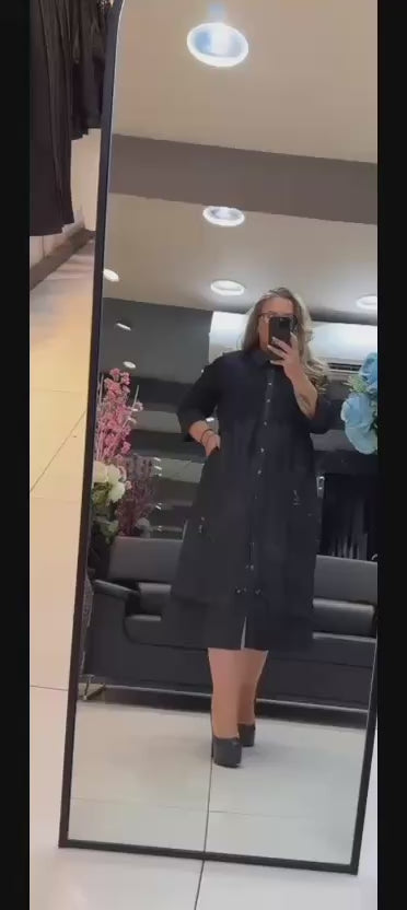 Plus-size model wearing black satin-collar dress – By Zola City Chic Collection