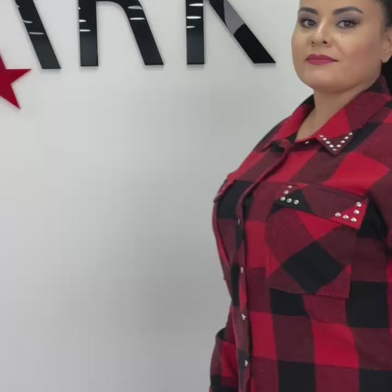 Red–black check shirt side view on plus-size model