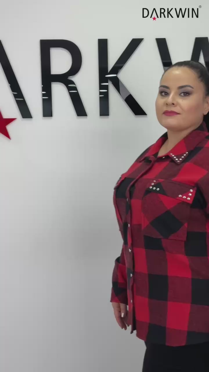 Red–black check shirt side view on plus-size model