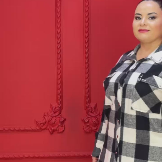Plus-size model wearing check shirt buttoned